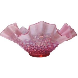 Vintage Fenton Cranberry Bowl Opalescent Hobnail Double Crimped Edge 10.25 Inch‎
